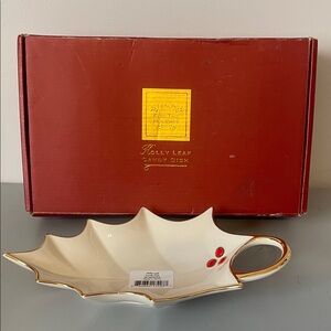 Lenox Cream and Gold Holly Leaf Candy Dish NIB
